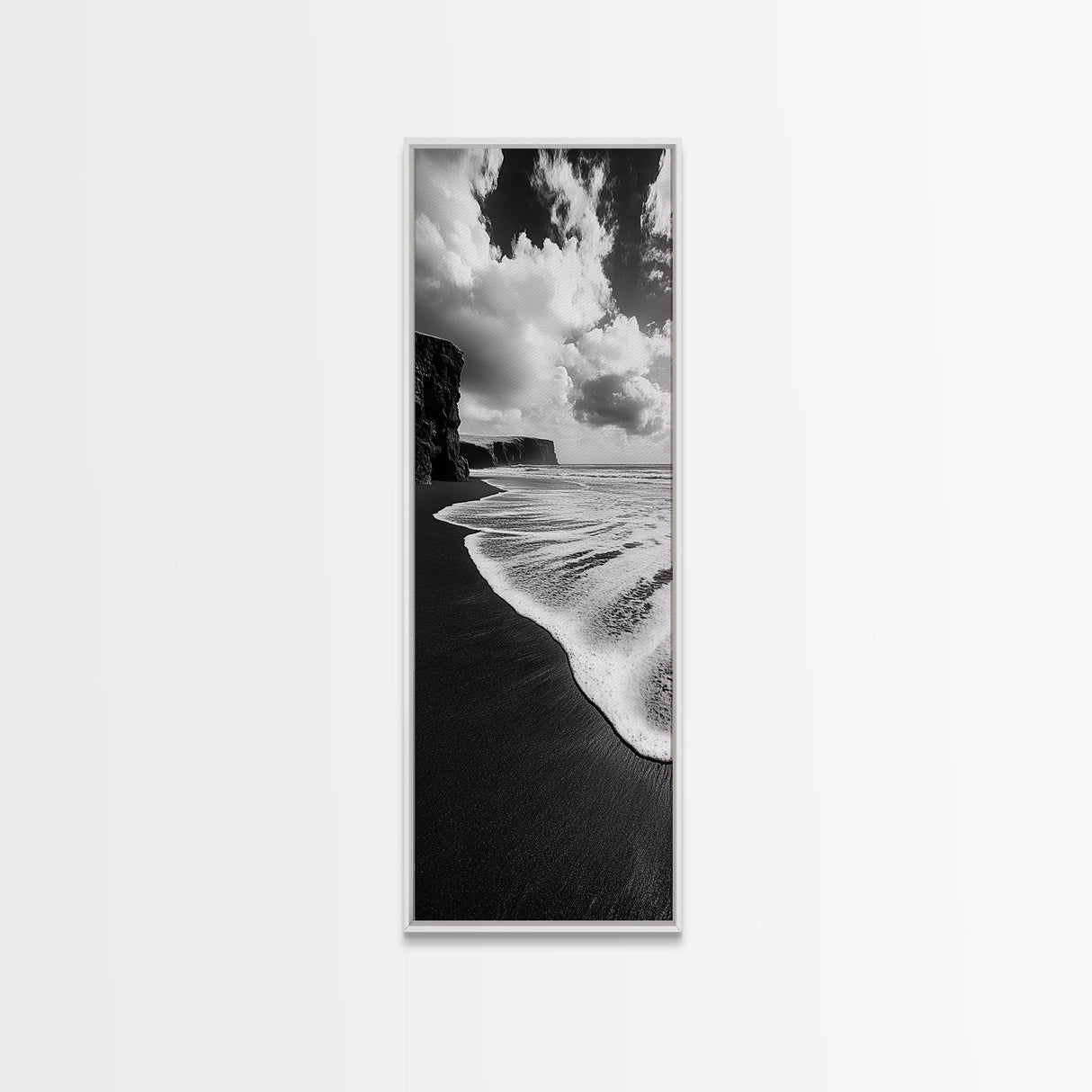 Shoreline Edge, Ocean Waves, Coastal Horizon, Framed Canvas Print, Black and White Beach Art, Bathroom Art, Entryway Wall Decor