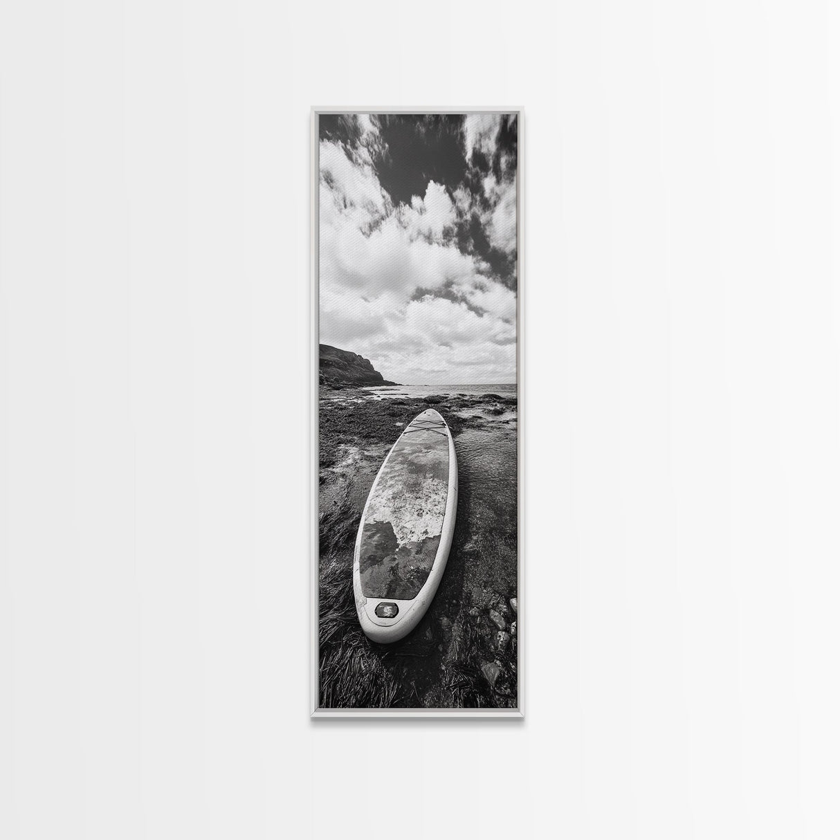 Surfboard Still, Rocky Shore, Beach Vibes, Framed Canvas Print, Coastal Bathroom Wall Art, Minimalist Beach Decor, Summer Style