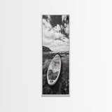 Surfboard Still, Rocky Shore, Beach Vibes, Framed Canvas Print, Coastal Bathroom Wall Art, Minimalist Beach Decor, Summer Style