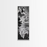 Rocky Coastline, Ocean Foam, Sunset Glow, Framed Canvas Print, Nautical Wall Art, Beach House Decor, Moody Seascape Photography