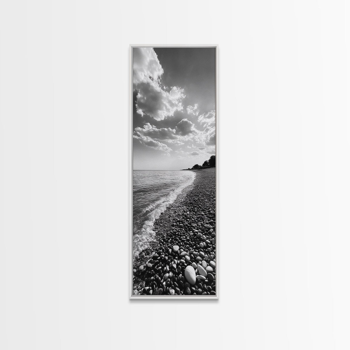 Pebble Beach, Gentle Waves, Coastal Calm, Framed Canvas Print, Minimalist Bathroom Wall Art, Nature Texture Decor, Seaside Zen, Office Wall Art