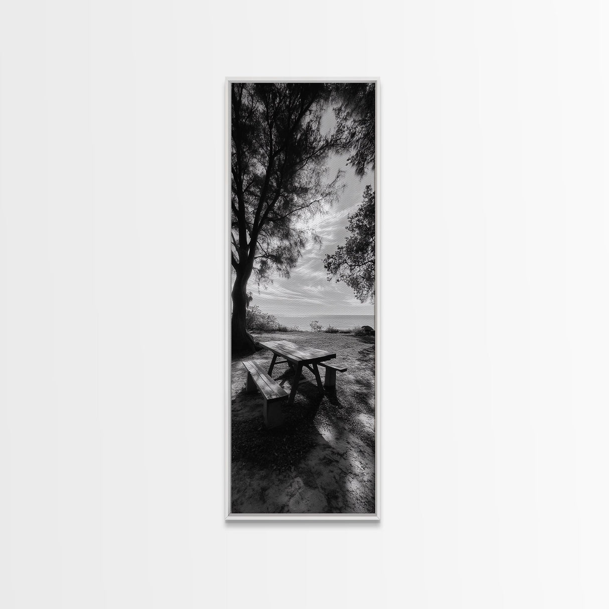 Seaside Picnic Spot, Tranquil Coastal Scene, Nature Landscape, Framed Canvas Print, Dining Room Print, Beach House Wall Art, Hallway Decor