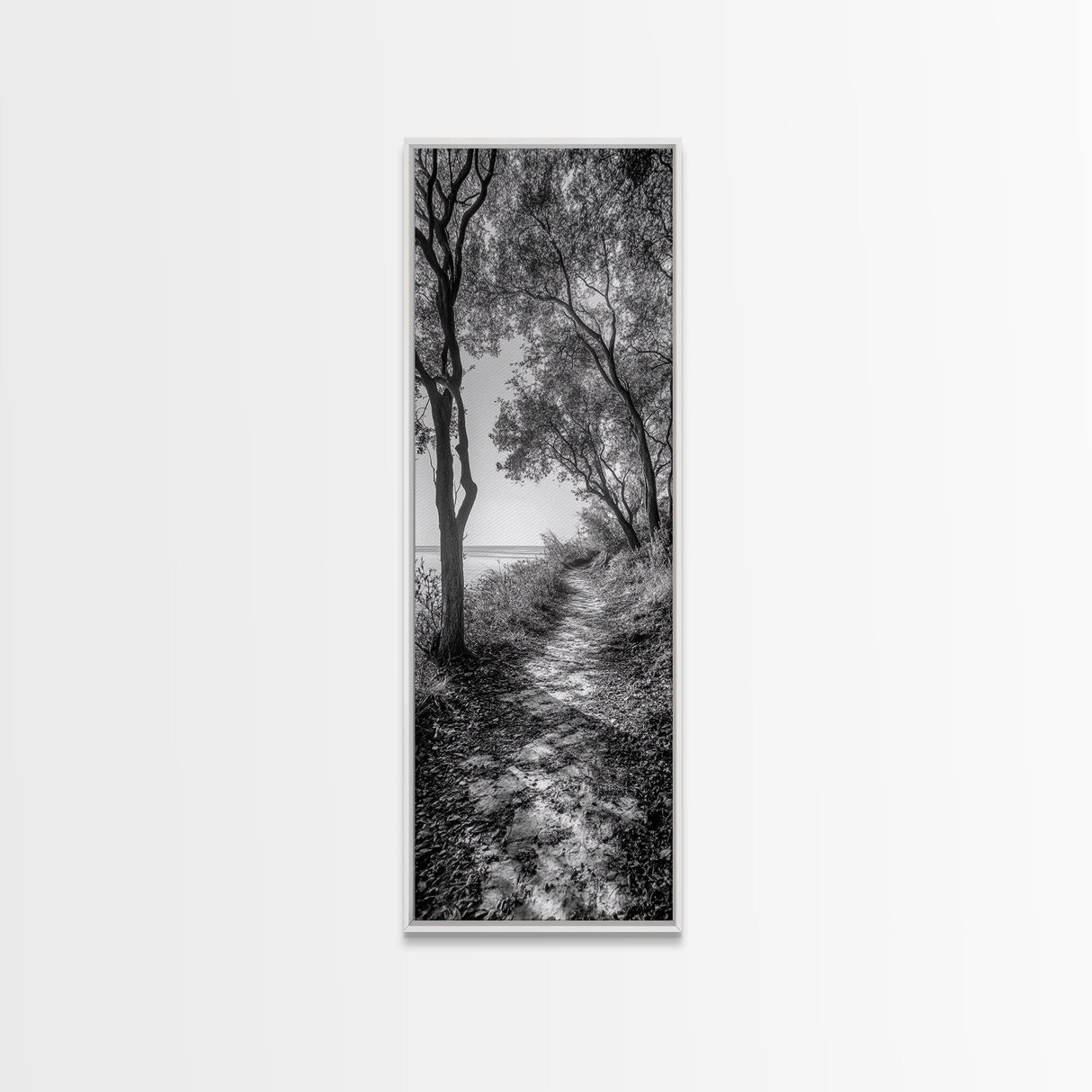 Lakeside Pathway Scene, Forest Walk Tranquility, Coastal Trail Mood, Framed Canvas Print, Nature-Lover Bedroom Wall Art, Cabin Wall Art