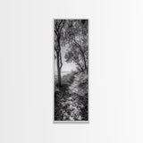 Lakeside Pathway Scene, Forest Walk Tranquility, Coastal Trail Mood, Framed Canvas Print, Nature-Lover Bedroom Wall Art, Cabin Wall Art