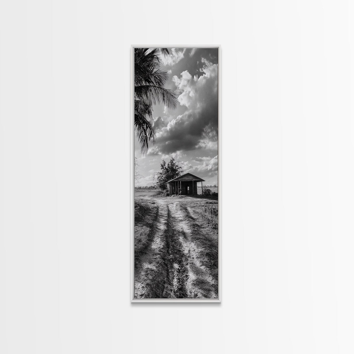 Rustic Cabin, Countryside Road, Farm Field, Palm Trees, Framed Canvas Print, Farmhouse Entryway Wall Art, Fall Landscape,  Den Wall Art