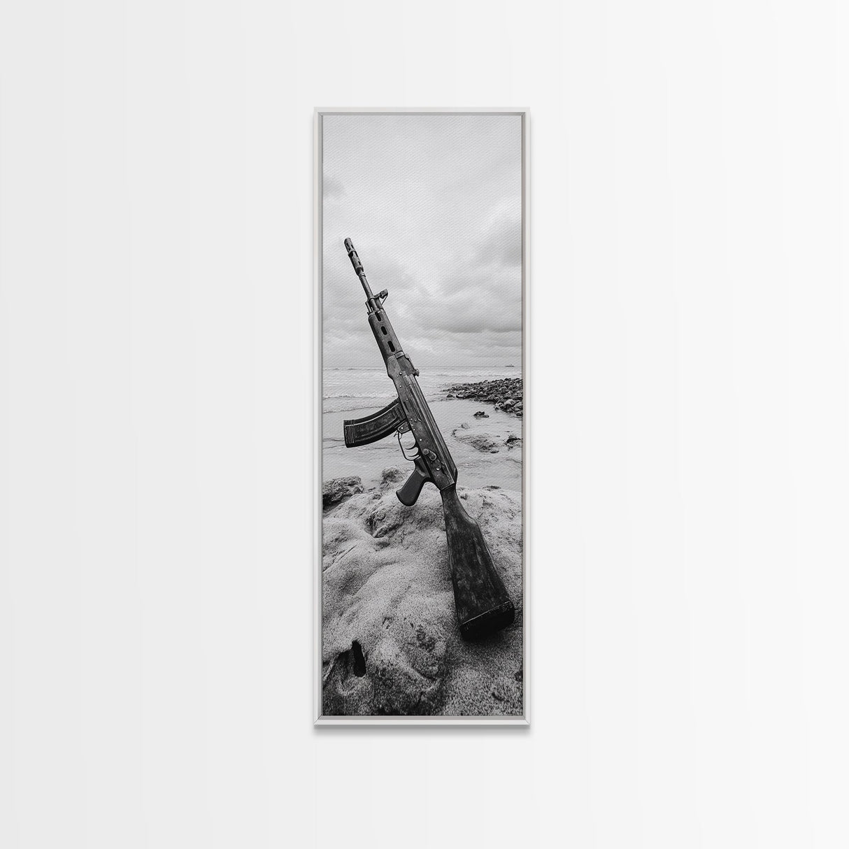 War Relic, AK Rifle, Surreal Beach Scene, Framed Canvas Print, Bold Statement Art, Bachelor Pad or Office Decor, Rustic Industrial Style