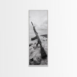 War Relic, AK Rifle, Surreal Beach Scene, Framed Canvas Print, Bold Statement Art, Bachelor Pad or Office Decor, Rustic Industrial Style