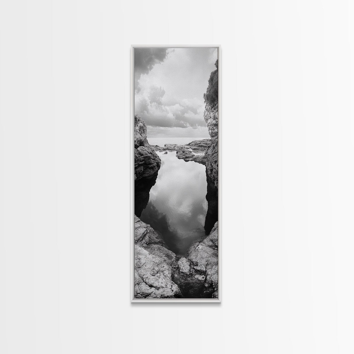 Tide Pool, Coastal Reflection, Tranquil Cove, Cloudy Sky, Framed Canvas Print Zen Bathroom Art, Minimalist Nature Wall Decor, Neutral Modern Style