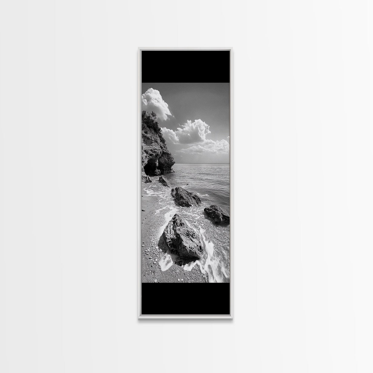 Rocky Beach, Calm Water, Summer Shore, Black White Coastal View, Framed Canvas Print Beach Wall Art, Nature Decor, Coastal Bathroom Style