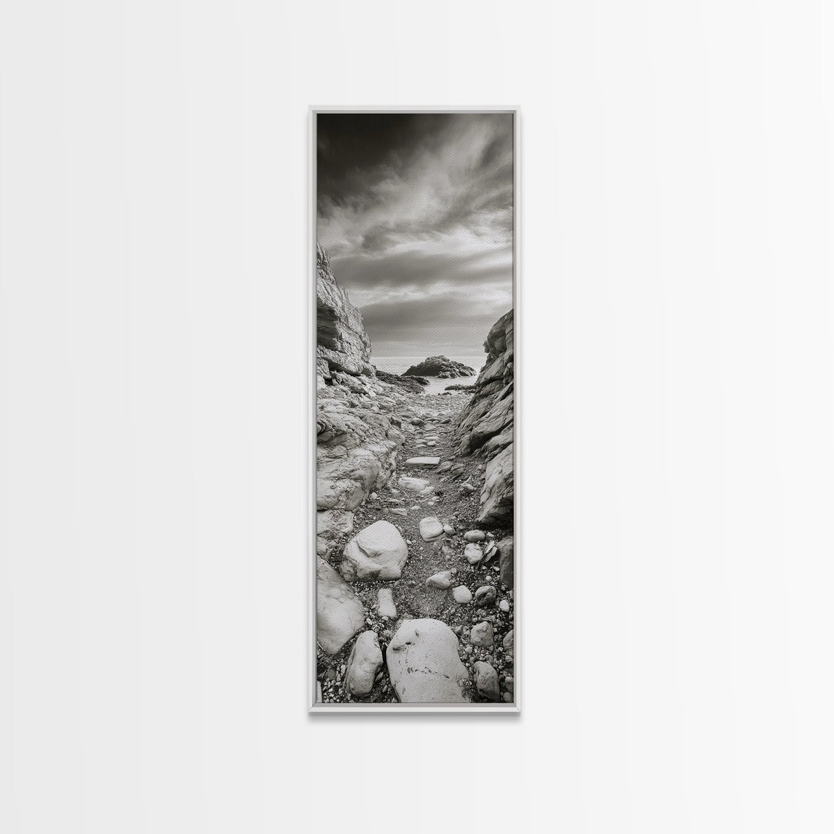 Rocky Coast Path, Serene Ocean View, Minimalist Nature, Framed Canvas Print, Neutral Tones, Beach Art, Hallway Wall Decor, Coastal Home Vibe