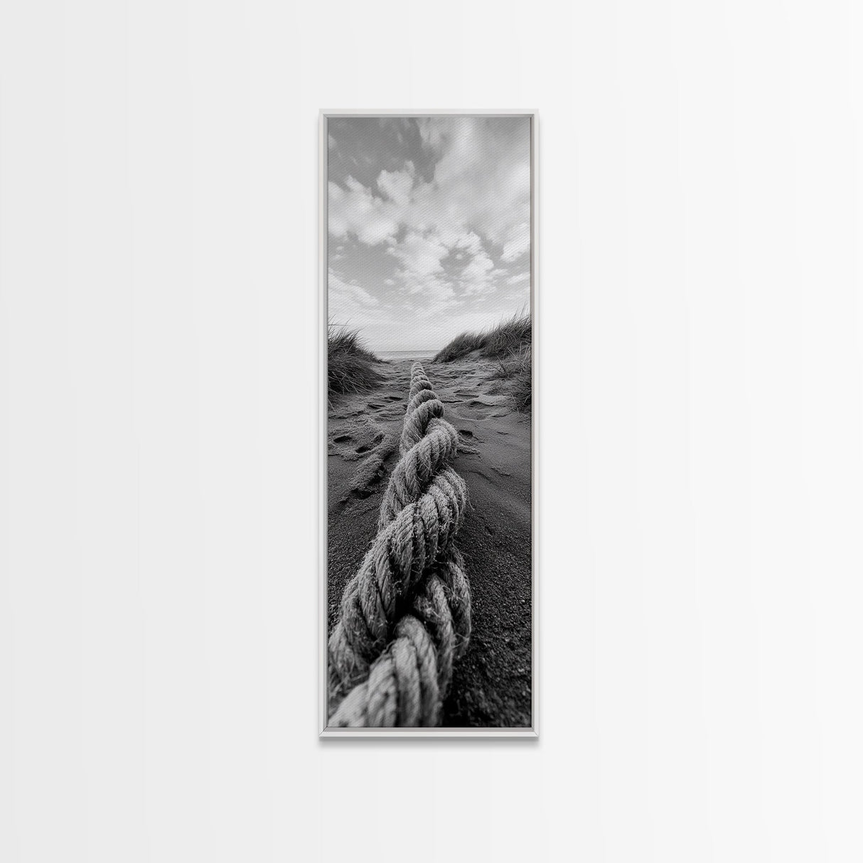 Rope in Sand, Beach Path Perspective, Coastal Journey, Framed Canvas Print, Bathroom Wall Art, Seaside Style, Minimalist Nautical Scene