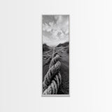 Rope in Sand, Beach Path Perspective, Coastal Journey, Framed Canvas Print, Bathroom Wall Art, Seaside Style, Minimalist Nautical Scene