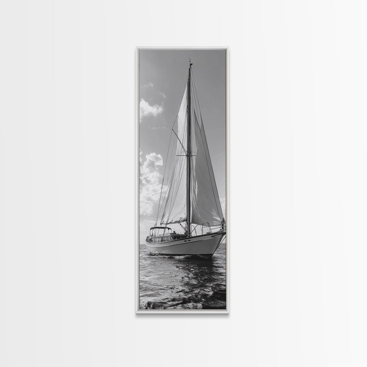 Sailboat Ocean Art, Nautical Wall Decor, Minimalist Seascape, Coastal Living Room Style, Framed Canvas Print, Black White Sailboat