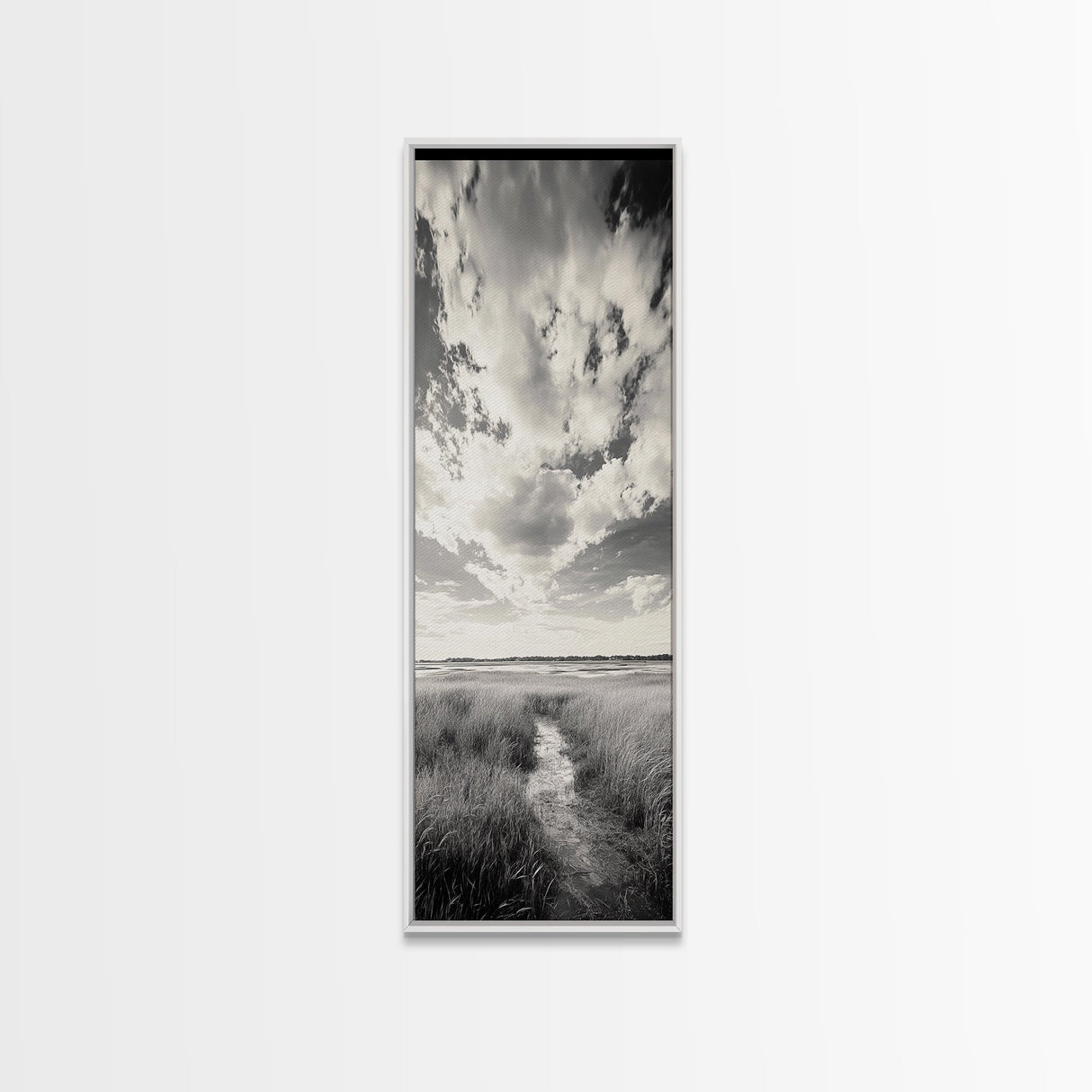 Marshland Pathway, Coastal Grassland Art, Nature Wall Decor, Calm Landscape Style, Framed Canvas Print, Neutral Tones Minimalist