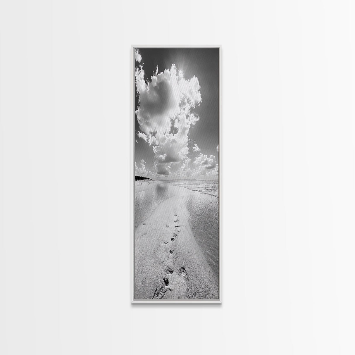 Footprints Beach Path, Ocean Shore Wall Art, Minimalist Seascape Style, Relaxing Bathroom Decor, Framed Canvas Print, Coastal Vibes