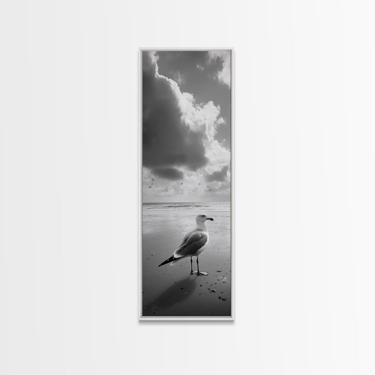 Seagull, Ocean Breeze, Beach Minimalism, Tranquil Shoreline, Seagull Photo Art, Coastal Framed Canvas Print, Bathroom Wall Decor