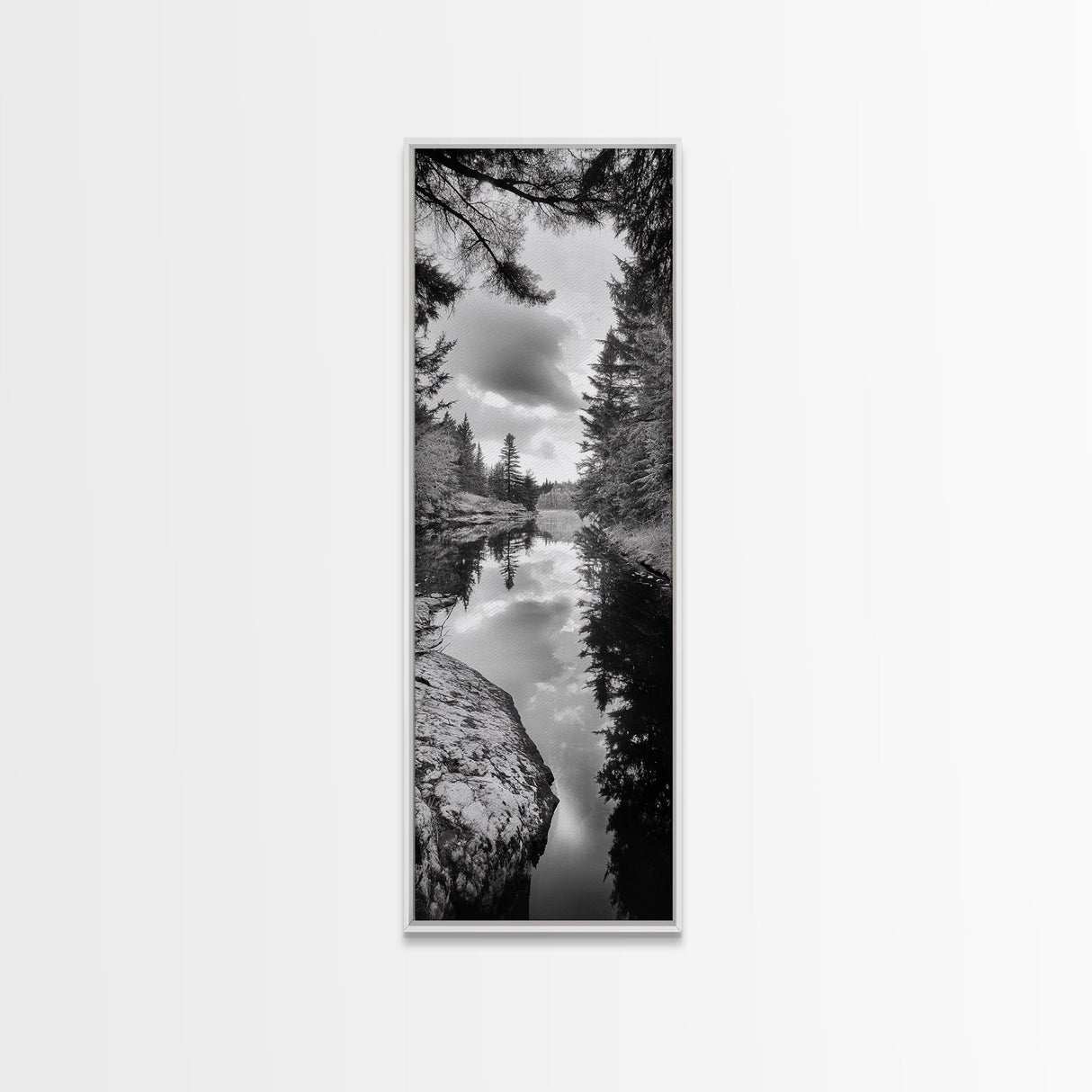 Forest Reflection, Lake Stillness, Tranquil Pines, Nature Calm, Black and White Canvas Print, Bedroom Wall Art, Cabin Vibes