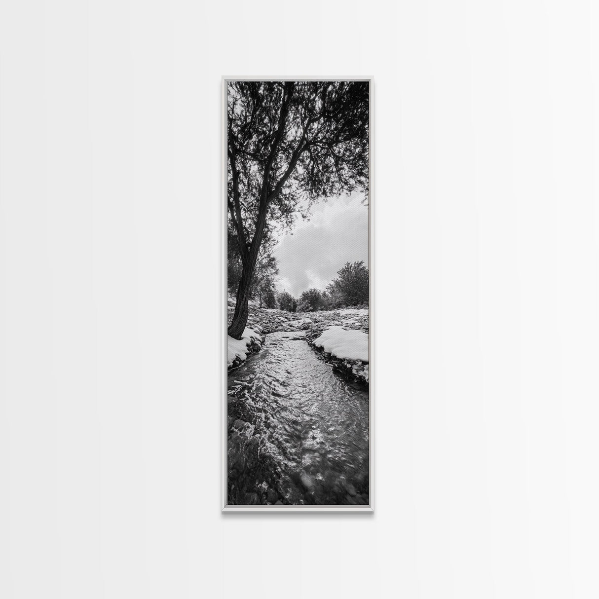 Peaceful Creek, Snow Trees, Winter Flow, Framed Canvas Print, Rustic Nature Art, Farmhouse Wall Decor, Serene Entryway Accent, Bedroom Decor