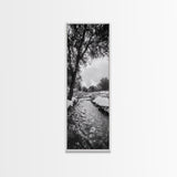 Peaceful Creek, Snow Trees, Winter Flow, Framed Canvas Print, Rustic Nature Art, Farmhouse Wall Decor, Serene Entryway Accent, Bedroom Decor