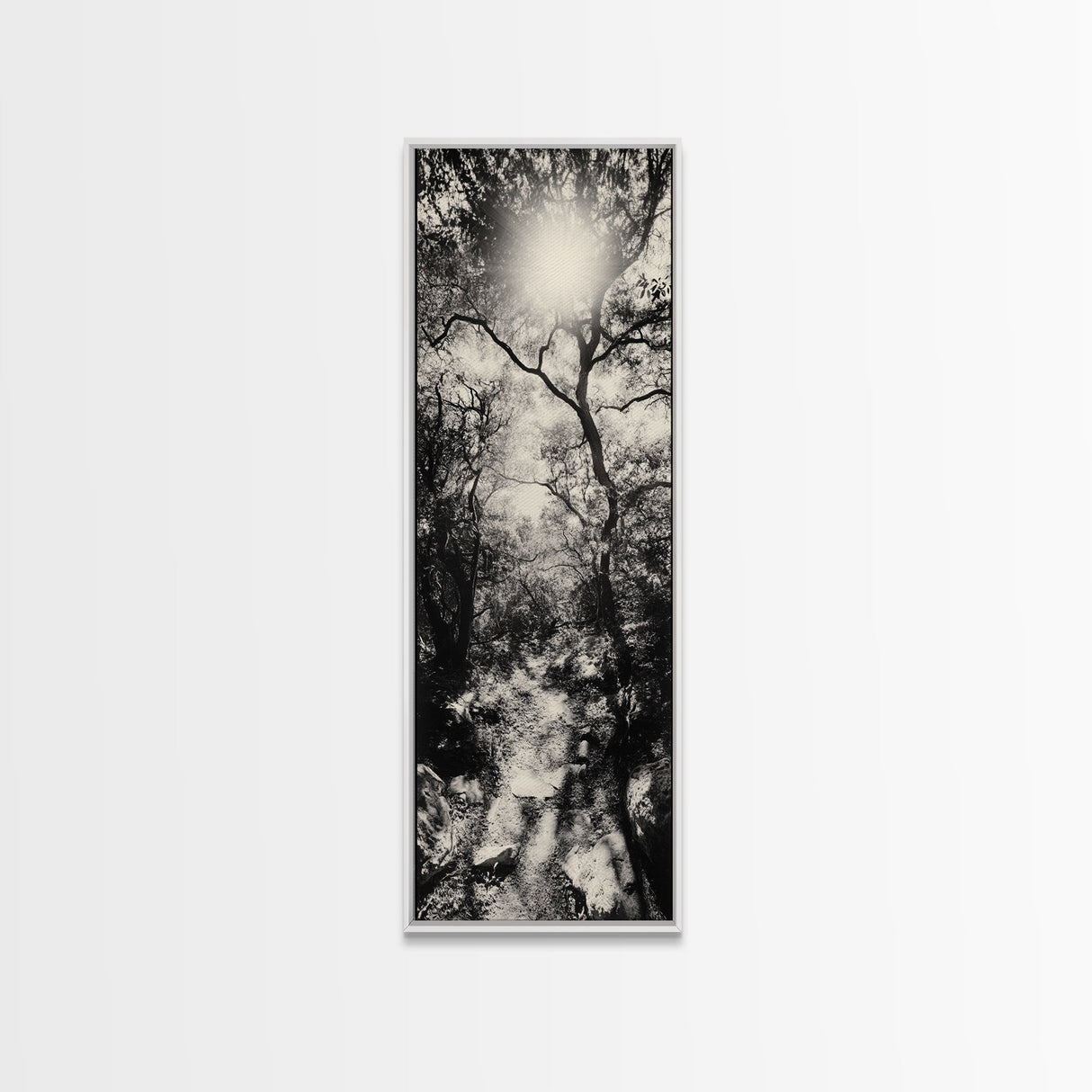 Forest Path, Sunburst Trees, Woodland Trail, Nature Light Framed Canvas Print, Boho Entryway Wall Art, Autumn Rustic Home Decor