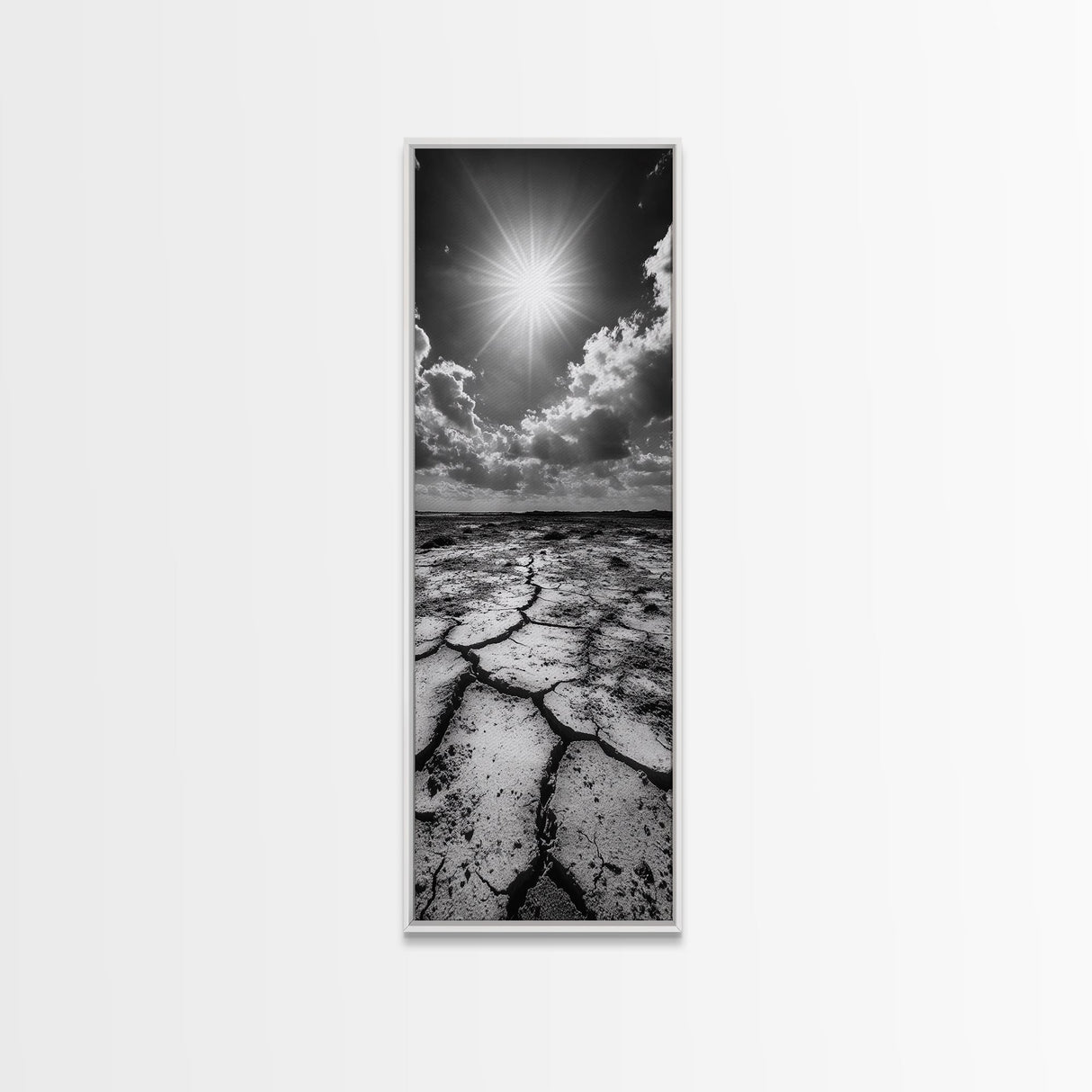 Cracked Earth, Sunburst Sky, Natural Texture, Desert Landscape, Framed Canvas Print, Rustic Decor, Earth Tone Art, Office Wall Art