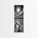 Cracked Earth, Sunburst Sky, Natural Texture, Desert Landscape, Framed Canvas Print, Rustic Decor, Earth Tone Art, Office Wall Art