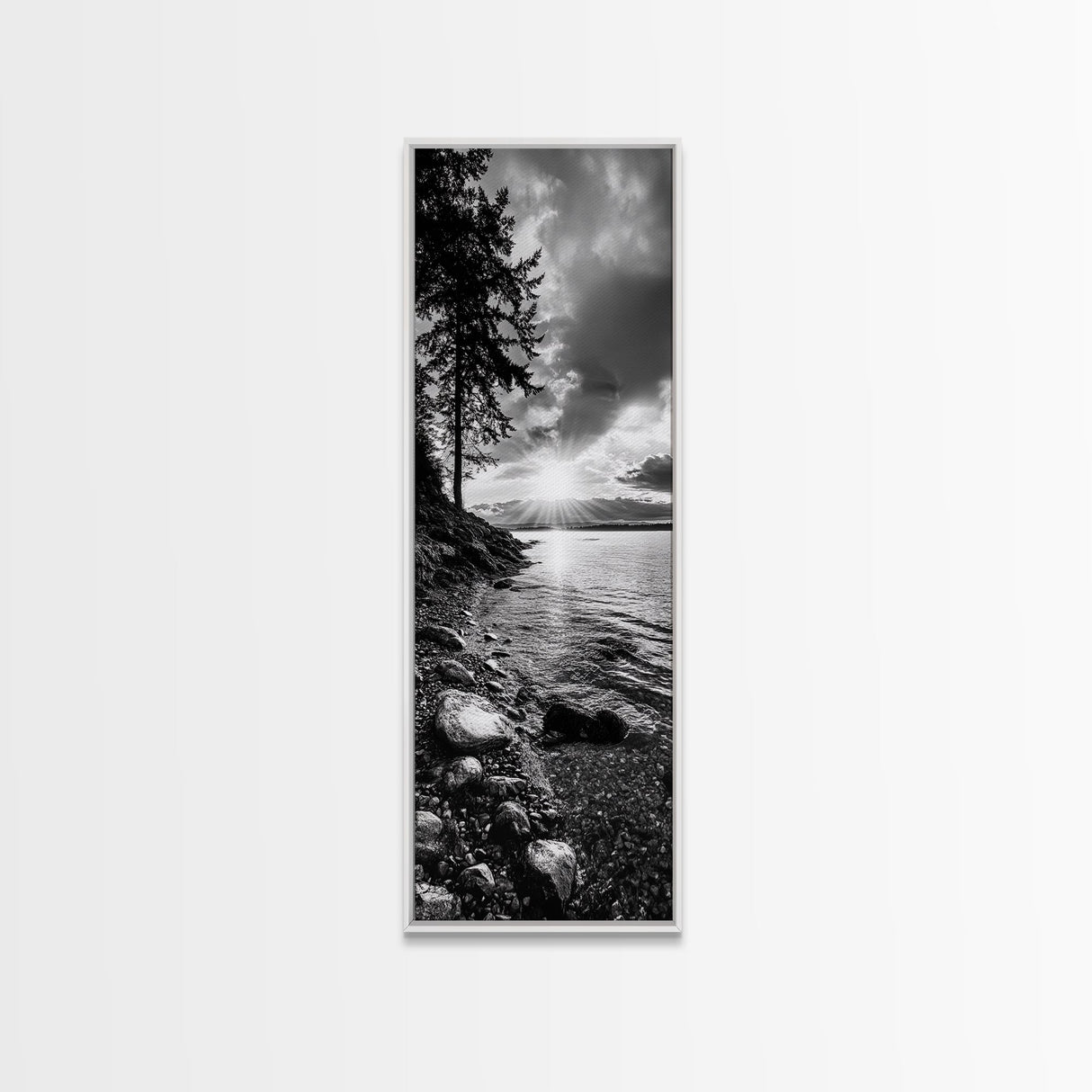 Tree Shoreline, Tranquil Water, Sunset Reflection, Peaceful Horizon, Framed Canvas Print, Nature Photography, Cabin Wall Art