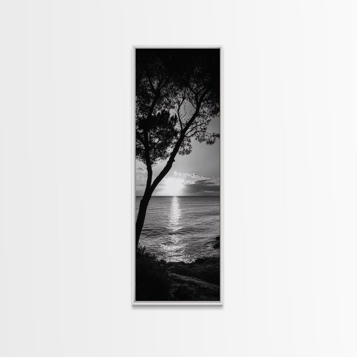 Coastal Tree, Ocean Sunset, Silhouetted Landscape, Peaceful Water, Framed Canvas Print, Nature Art, Bedroom Tranquil Decor