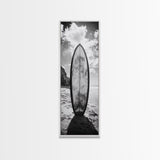 Surfboard Vertical, Sandy Beach, Coastal Rocks, Ocean Horizon, Framed Canvas Print, Surf Art, Dorm Room Decor, Tropical Vibe