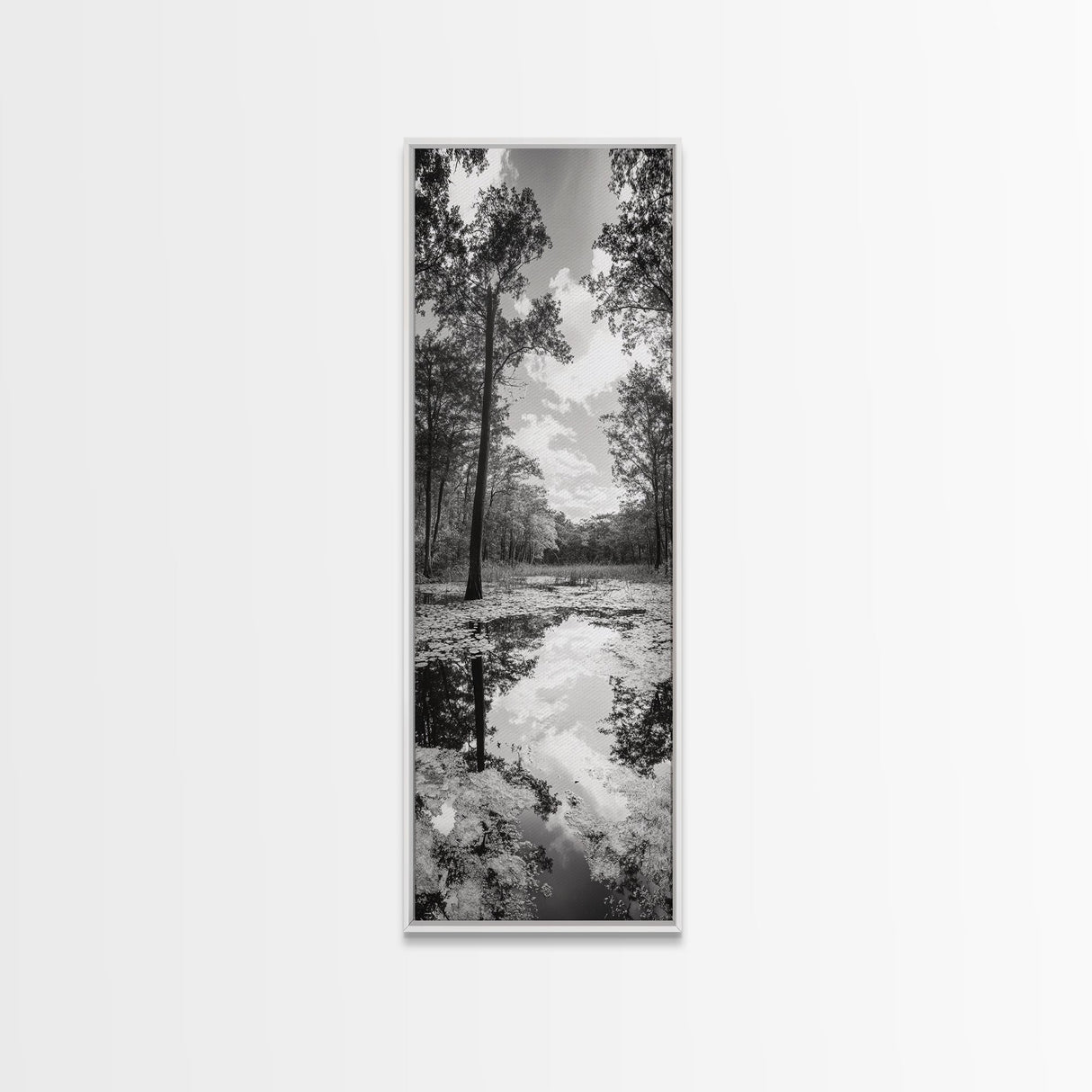 Reflective Forest, Nature Calm, Monochrome Trees, Peaceful Swamp, Framed Canvas Print, Rustic Cabin Decor, Moody Wall Art, Entryway Print