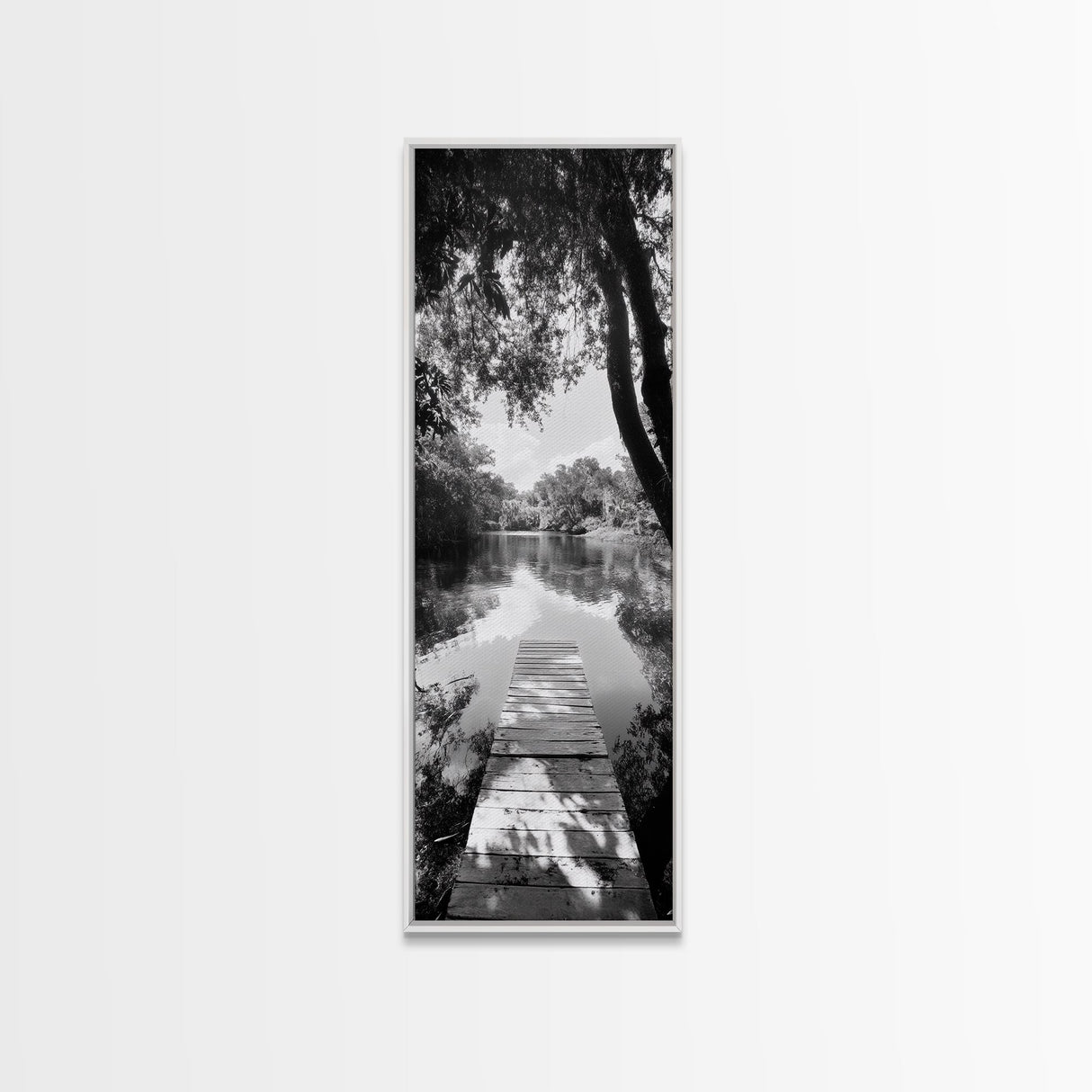 Tranquil Dock, Lake Stillness, Nature Reflection, Forest Retreat, Framed Canvas Print, Cabin Wall Art, Rustic Style, Bedroom Decor