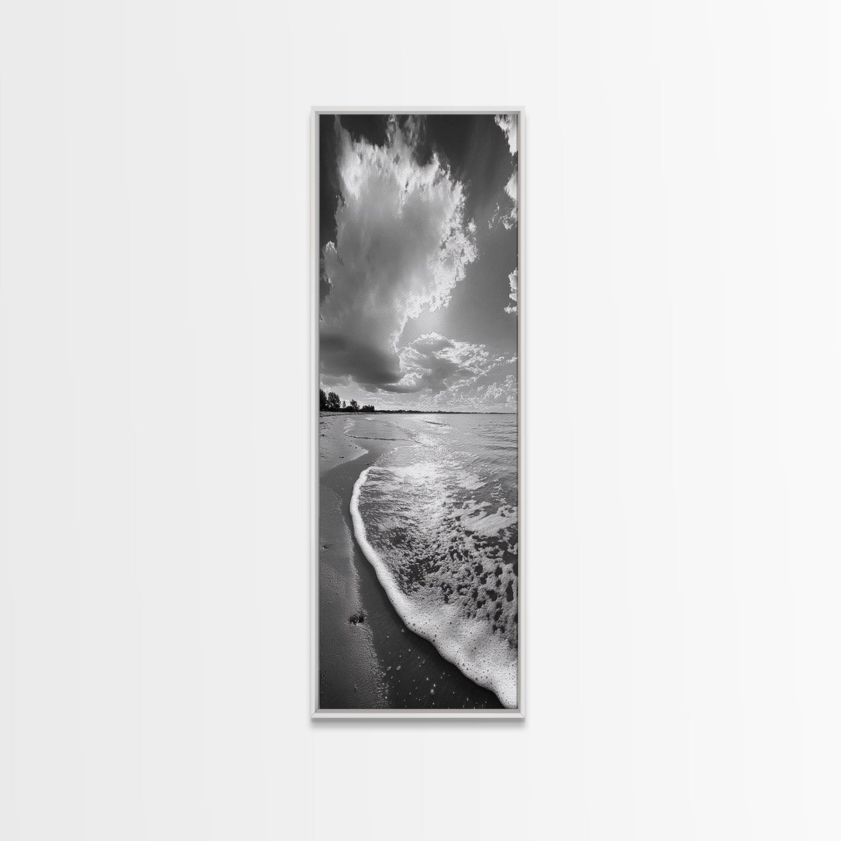 Morning Beach, Shoreline Foam, Coastal Tranquility, Sunrise Horizon, Canvas Print, Beach Wall Art, Bathroom Decor, Seaside Vibes
