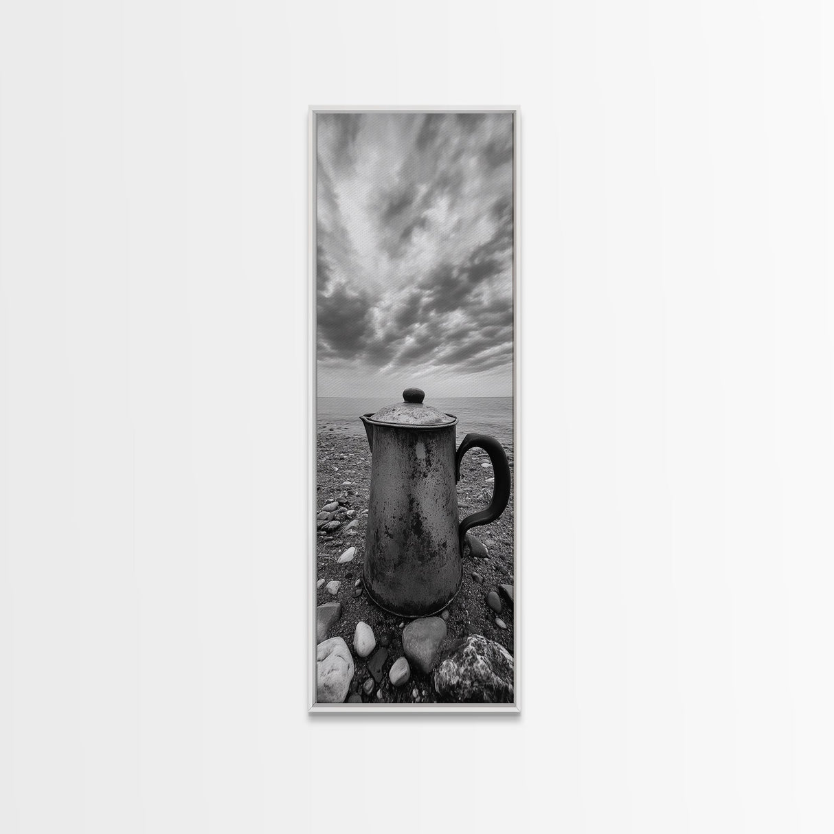 Seaside Coffee Pot, Rustic Beach, Moody Vibes, Framed Canvas Print, Farmhouse Decor, Kitchen Wall Art, Coastal Neutral Artwork