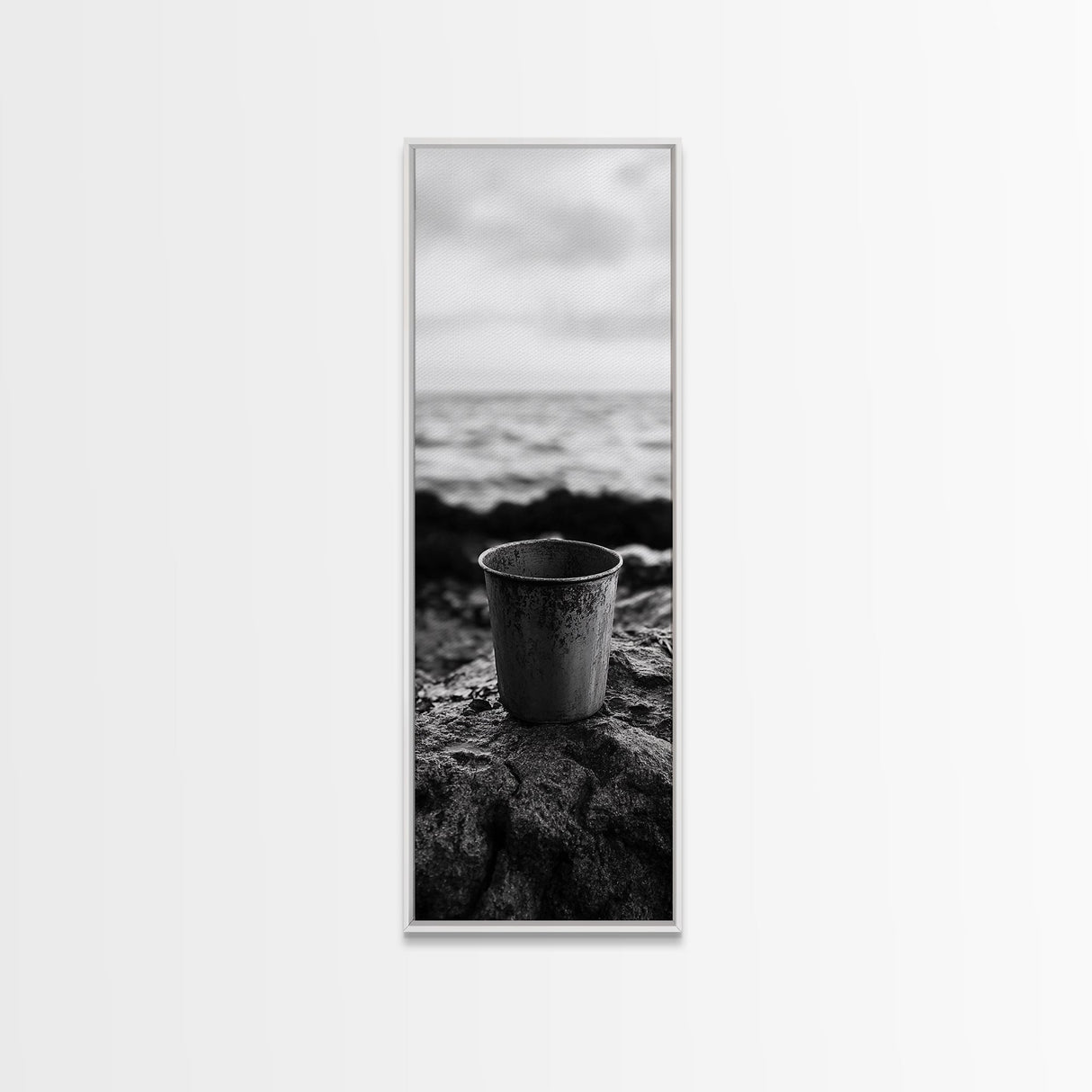 Metal Cup, Shoreline Still Life, Rustic Seaside, Canvas Print, Vintage Aesthetic, Coastal Kitchen Wall Art, Minimal Beach Mood