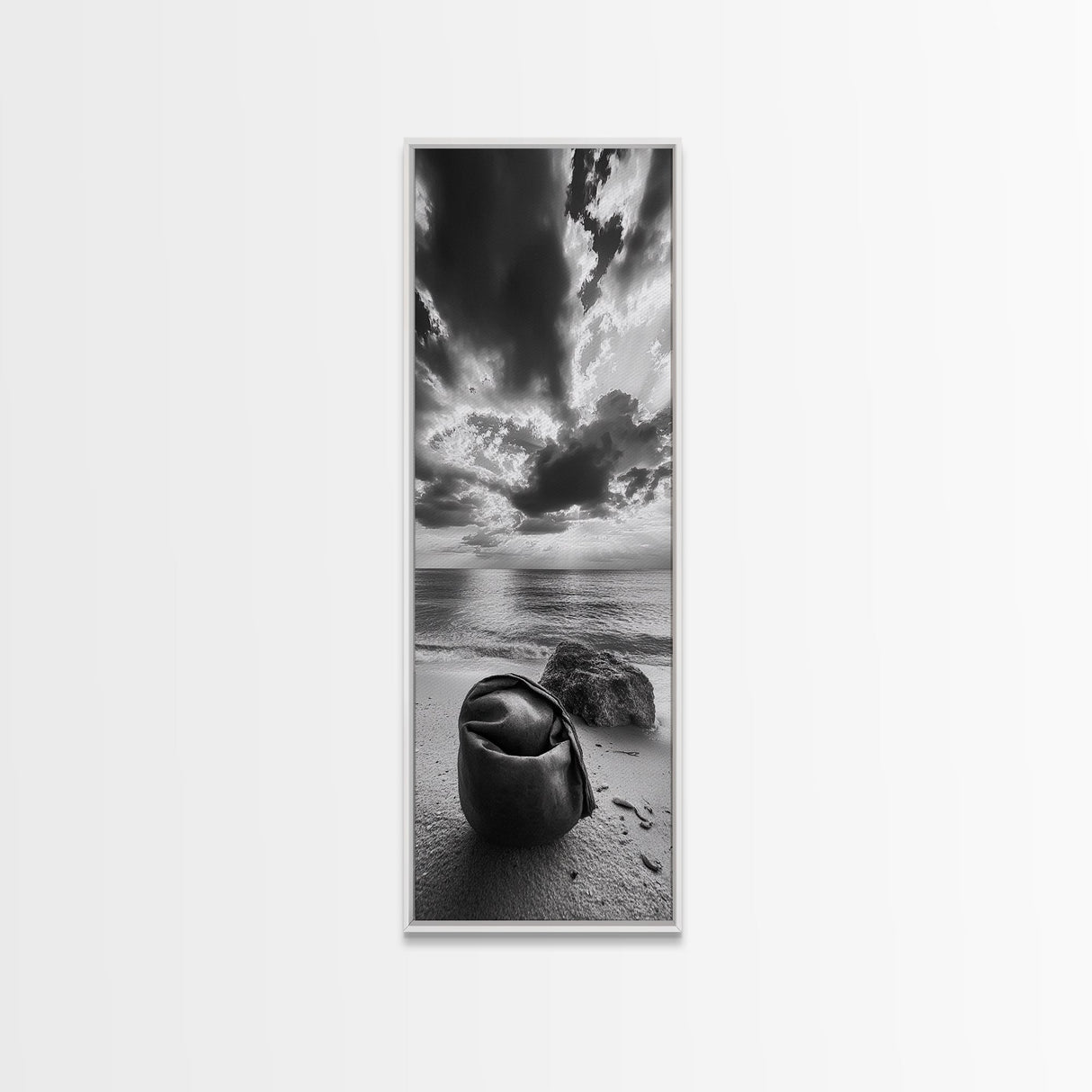 Coastal Bag, Driftwood Rock, Stormy Sea, Framed Canvas Print, Moody Beach Wall Art, Minimalist Decor, Ocean Vibe Photography