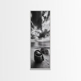 Coastal Bag, Driftwood Rock, Stormy Sea, Framed Canvas Print, Moody Beach Wall Art, Minimalist Decor, Ocean Vibe Photography