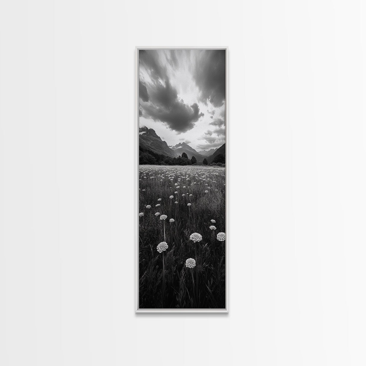 Wildflower Field, Alpine Meadow, Mountain Backdrop, Nature Print, Serene View, Framed Canvas Print, Living Room Wall Art, Rustic Farmhouse Decor