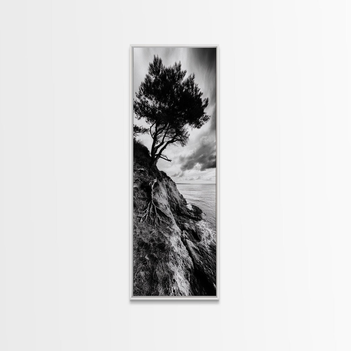 Cliff Tree, Coastal Roots, Dramatic Landscape, Framed Canvas Print, Bold Nature Wall Art, Modern Black And White Decor, Fall Office Accent