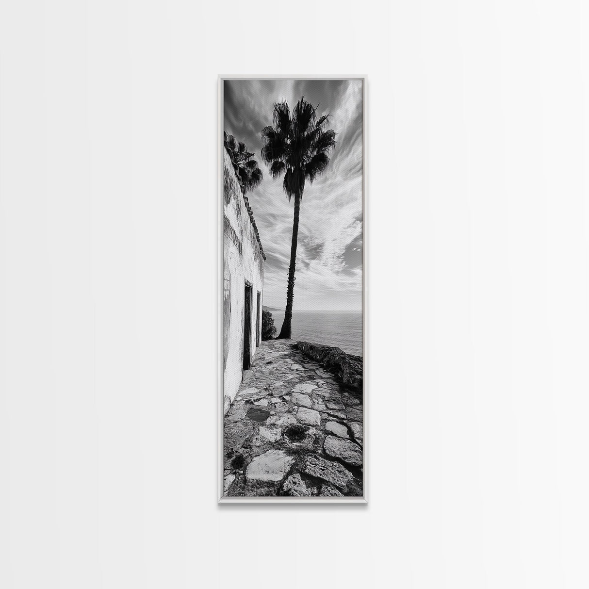 Coastal Palm Tree, Rustic Seaside Wall Art, Mediterranean Courtyard Print, Tropical Summer Decor, Framed Canvas Print, Kitchen Art