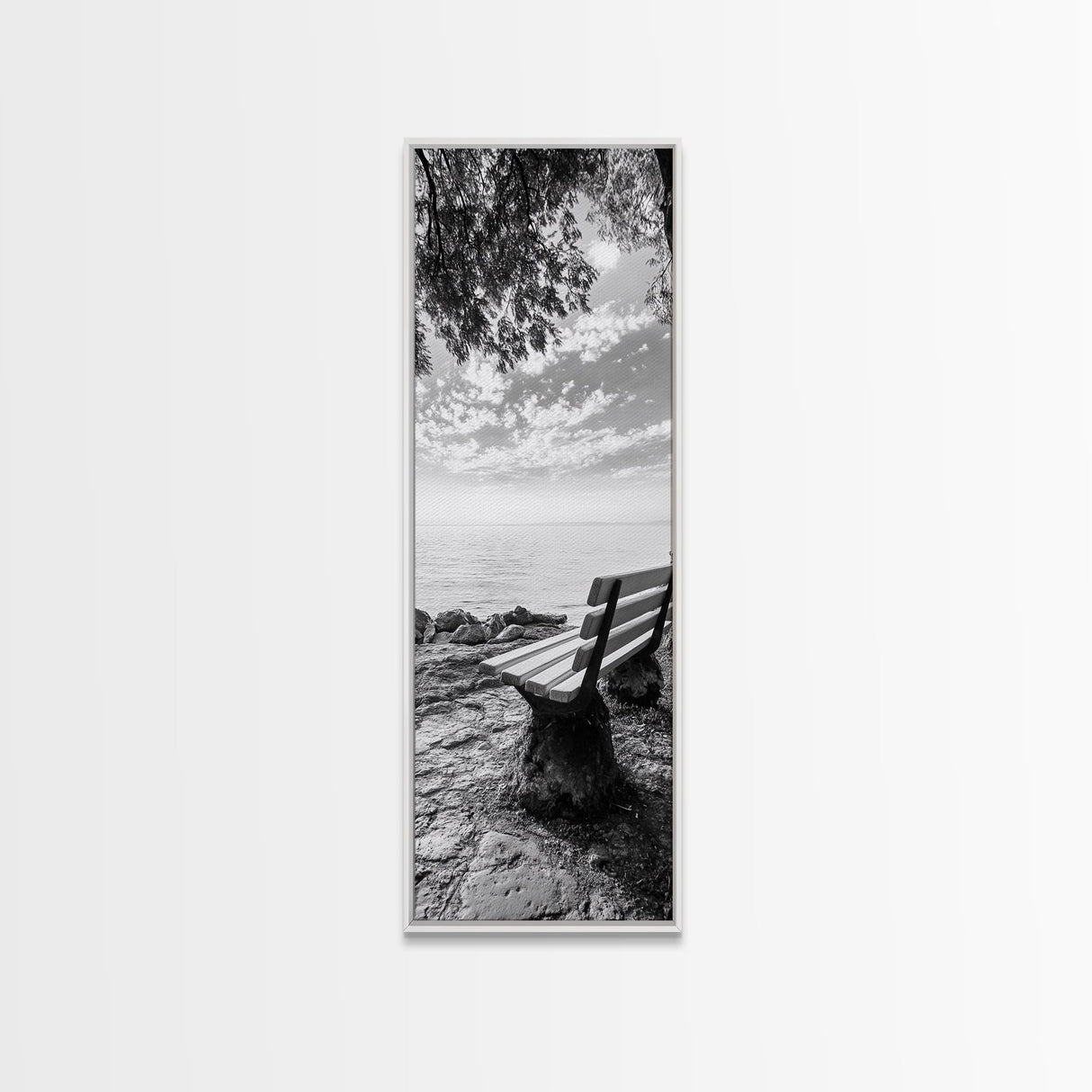 Lakeside Bench View, Peaceful Nature Scene, Tranquil Reflection Print, Minimalist Wall Decor, Zen Office Art, Framed Canvas Print