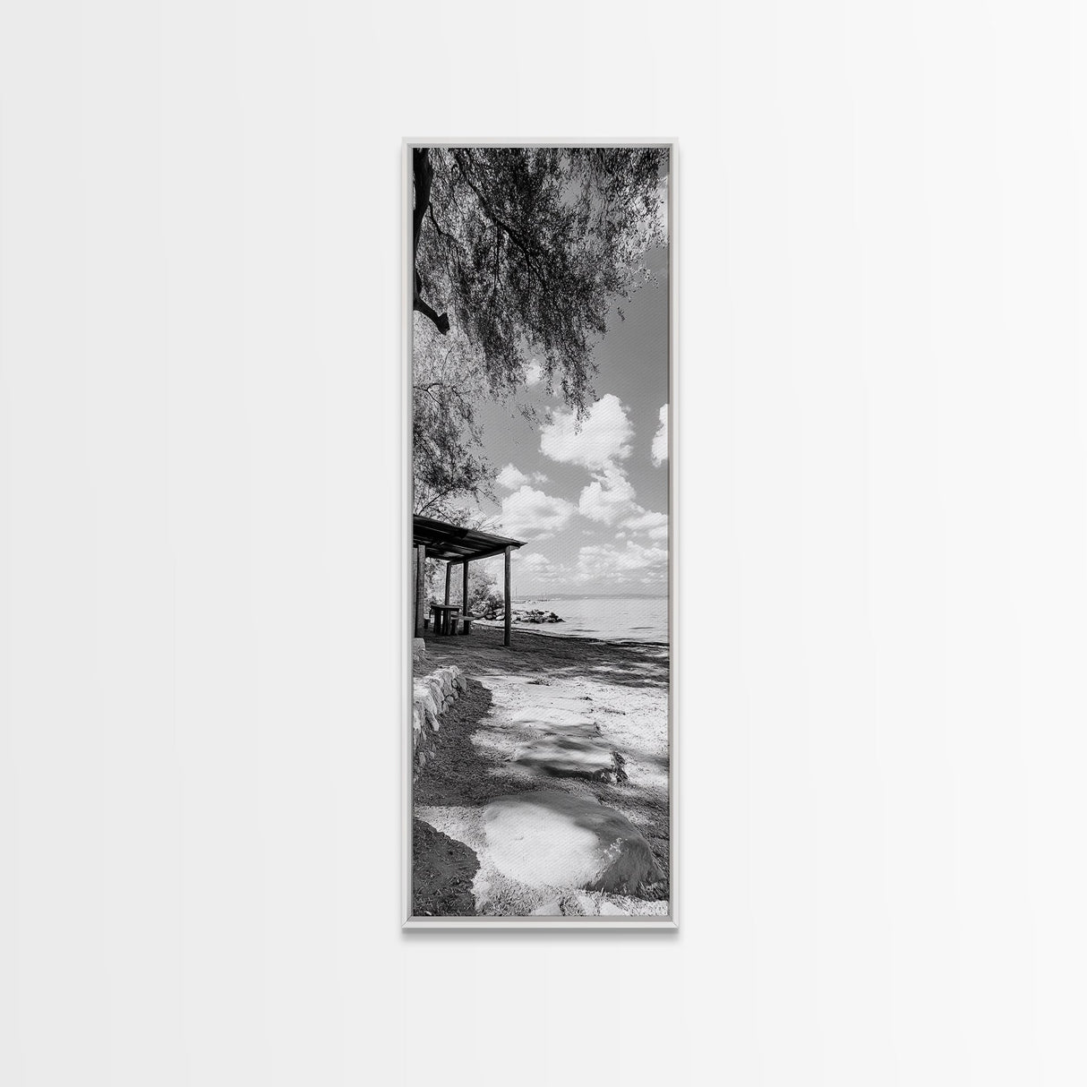 Coastal Bench, Ocean Peace, Nature Retreat, Minimal Landscape, Canvas Print, Zen Wall Art, Bedroom or Entryway Decor, Calm Beach Scene