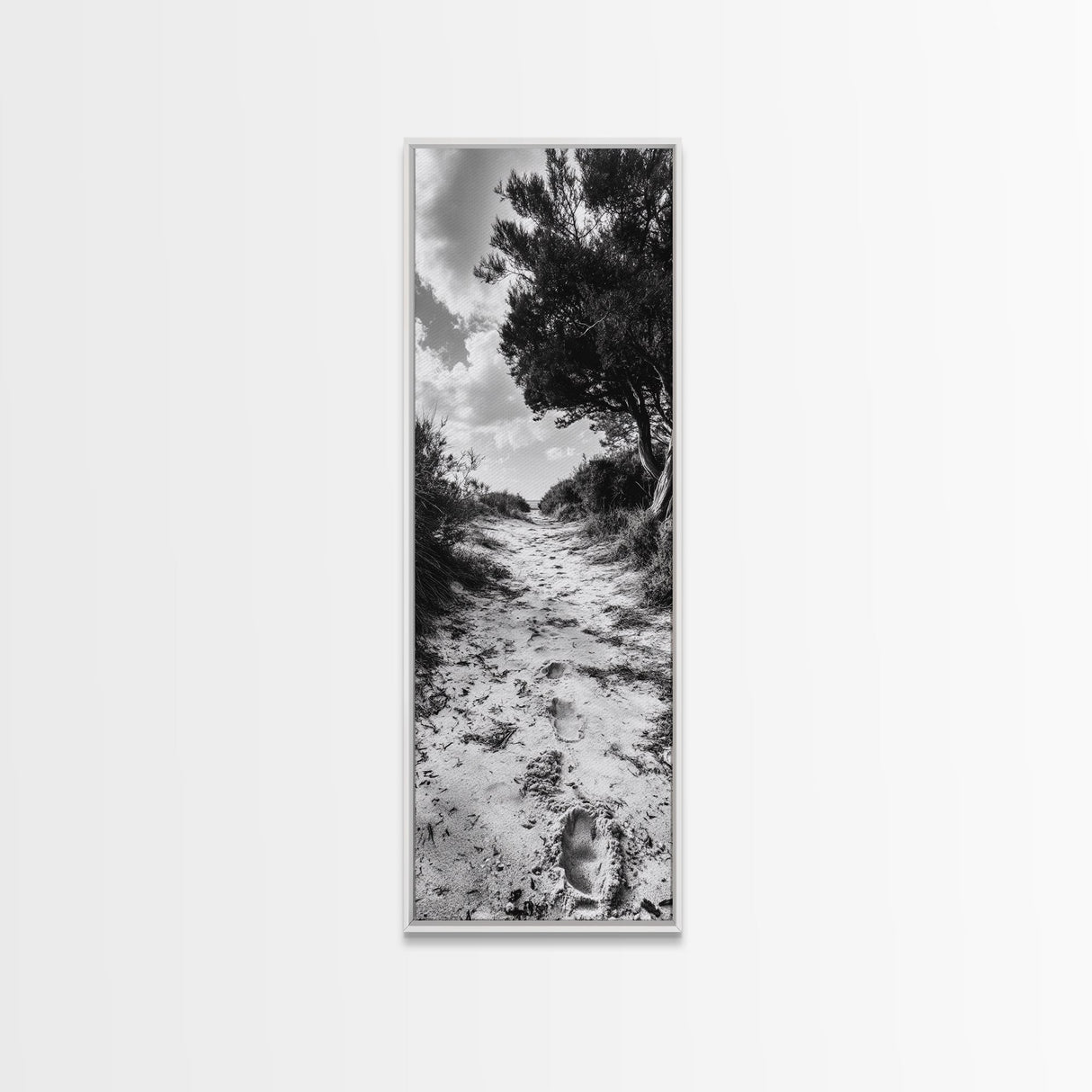 Sandy Trail Path, Coastal Forest Walk, Nature Photography, Framed Canvas Print, Boho Bedroom Wall Art, Minimalist Seaside Home Decor