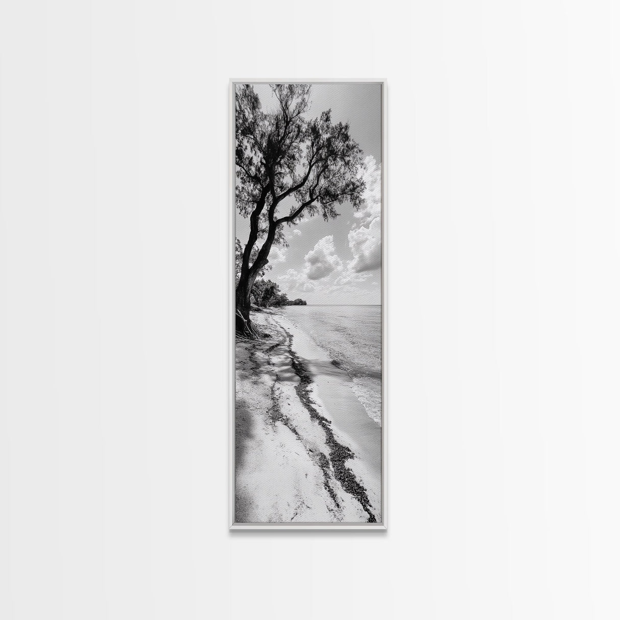Serene Beach Tree, Calm Ocean Coast, Black White Shoreline, Framed Canvas Print, Coastal Entryway Decor, Minimal Nature Wall Art