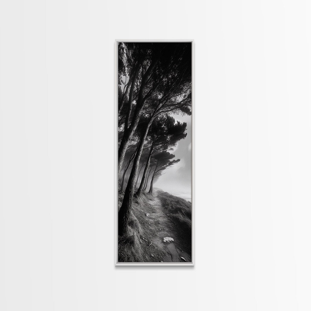 Windy Forest Trail, Dark Coastal Trees, Atmospheric Nature, Framed Canvas Print, Fall Living Room Wall Art, Moody Landscape Aesthetic