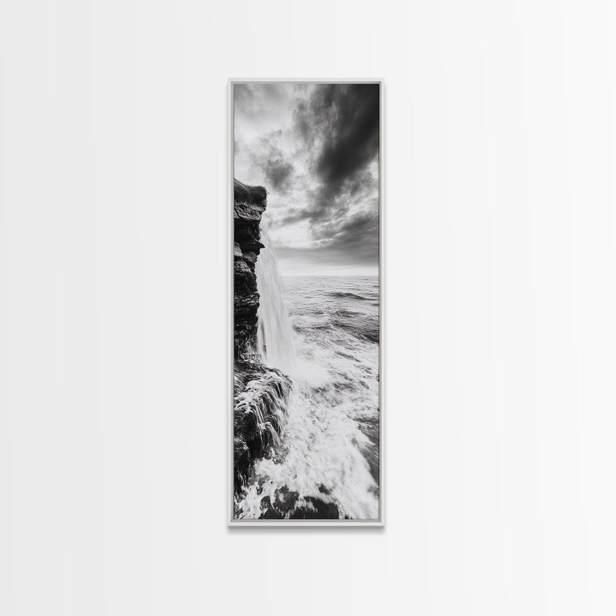 Ocean Waterfall, Coastal Nature, Monochrome Landscape, Framed Canvas Print, Minimalist Bathroom Wall Art, Black White Ocean Art