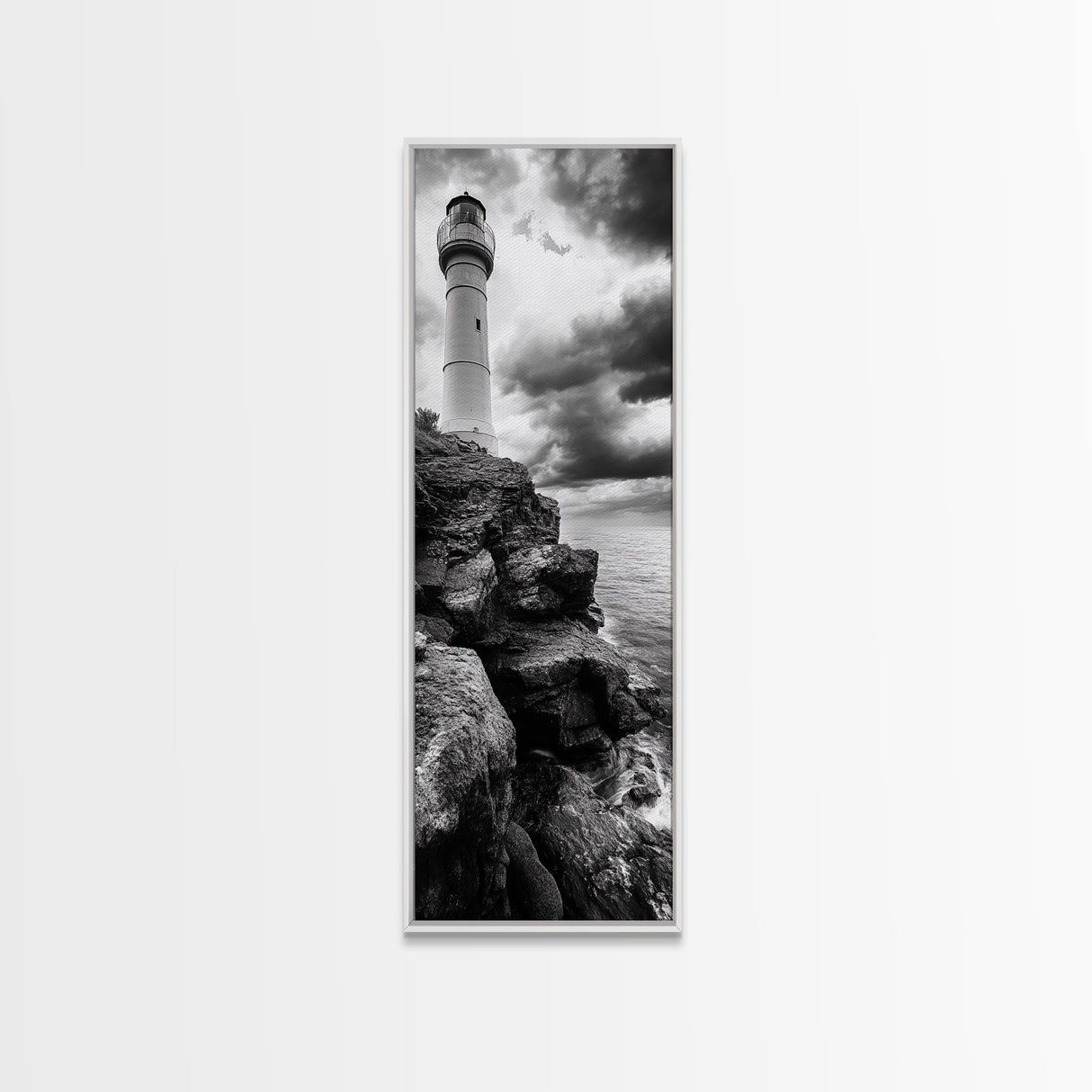 Lighthouse Coast, Stormy Sky, Black White Ocean, Framed Canvas Print, Nautical Wall Art, Rustic Beach House Living Room Decor