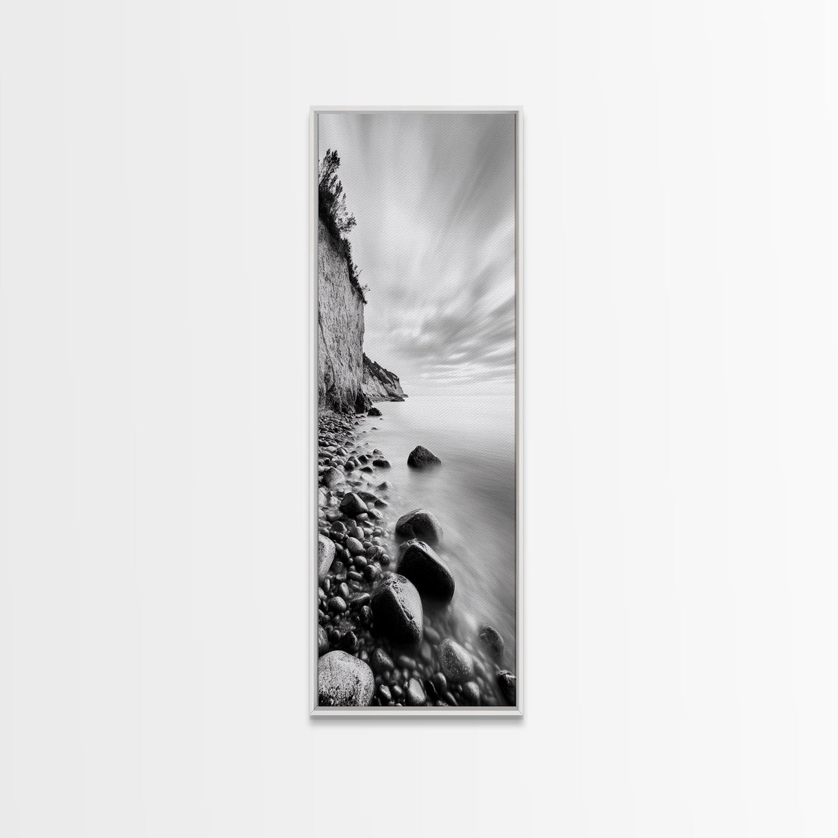 Rocky Shoreline, Coastal Calm, Seaside Mist, Canvas Print, Black White Minimalist Wall Art, Serene Bedroom or Bathroom Decor