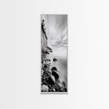 Rocky Shoreline, Coastal Calm, Seaside Mist, Canvas Print, Black White Minimalist Wall Art, Serene Bedroom or Bathroom Decor