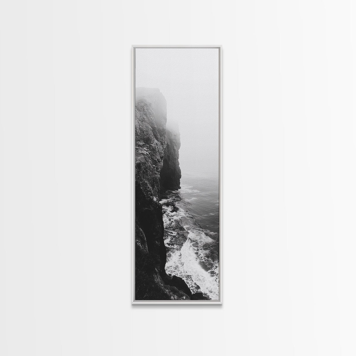 Foggy Cliffs, Moody Coast, Dramatic Seascape, Framed Canvas Print, Modern Dark Aesthetic Art, Minimalist Living Room Wall Decor