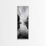 Misty Inlet, Rocky Shoreline, Tranquil Waters, Canvas Print, Moody Landscape Photography, Living Room Art, Nature Inspired Decor